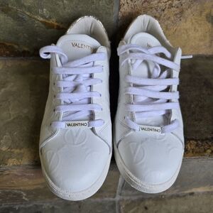 Valentino White Leather Logo-Embossed Sneakers